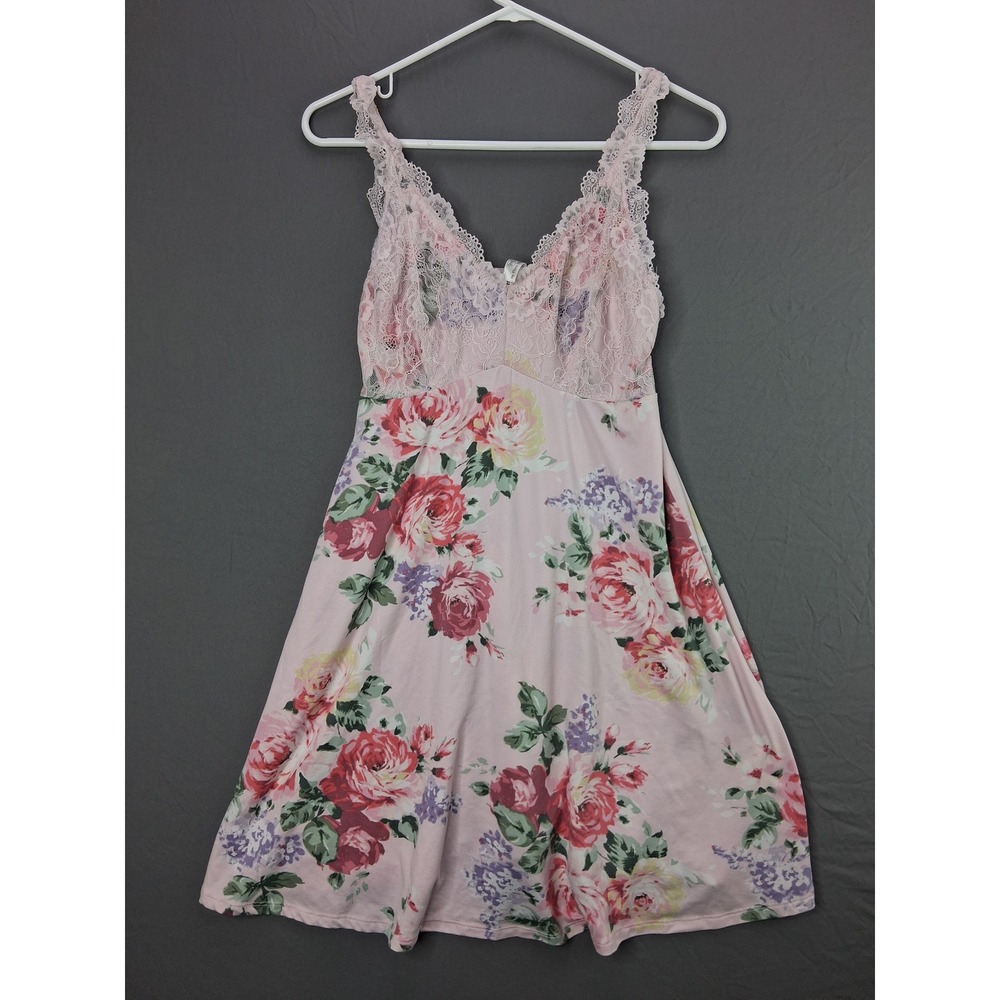 Flora Nikrooz Floral Nightgown Chemise L Pink Lace Trim Adjustable Straps Rose